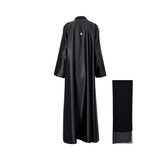 Back view of the Nero women's satin black embellished abaya with waist bead detailing and matching scarf. Available Now at Blue Salon Qatar