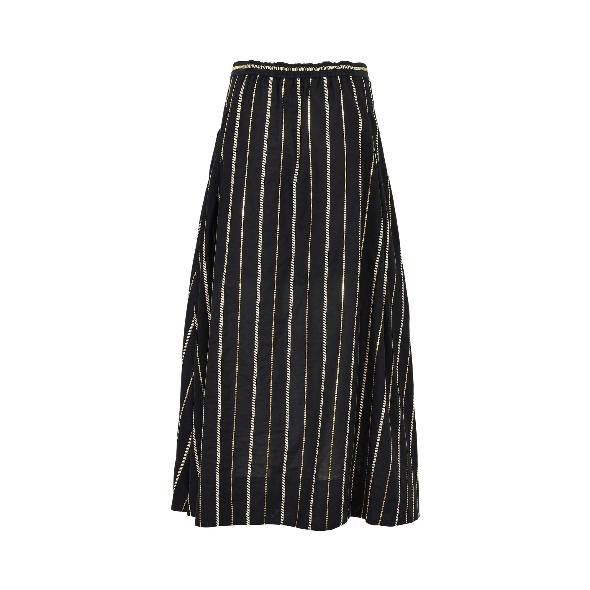 Back view of the Simona Corsellini Women's Black Striped Midi Skirt with Metallic Detail. Shop the Latest Online.