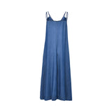 Back view of the Simona Corsellini Women's Blue Denim Midi Dress with Strap. Find Online Today