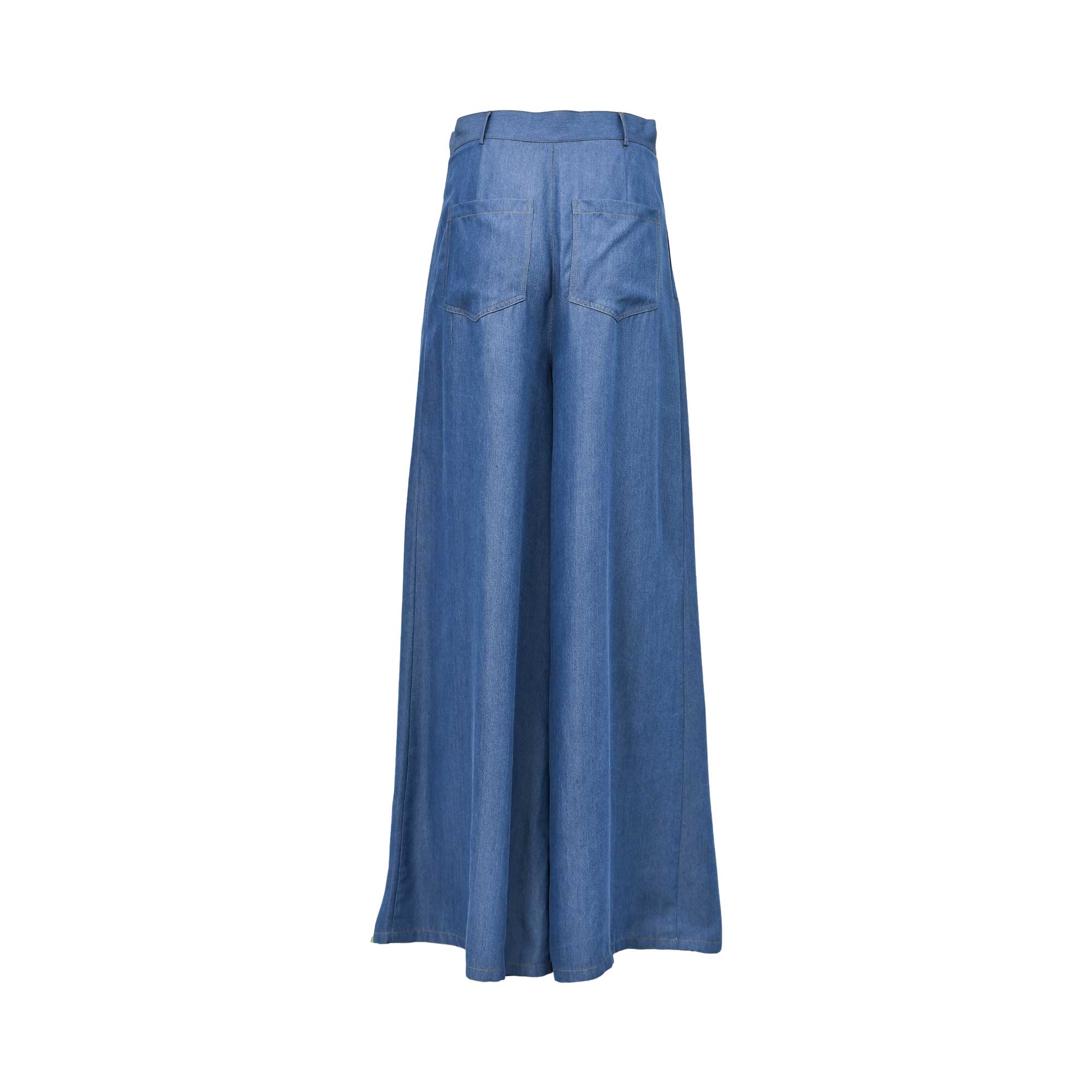 Back view of the Simona Corsellini Women's Blue Wide-Leg Denim Trousers High Waist. Available Online