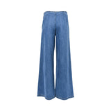 Back view of the Simona Corsellini Women's Blue Wide-Leg Denim Trousers with Jewel Buttons. Shop Now Online