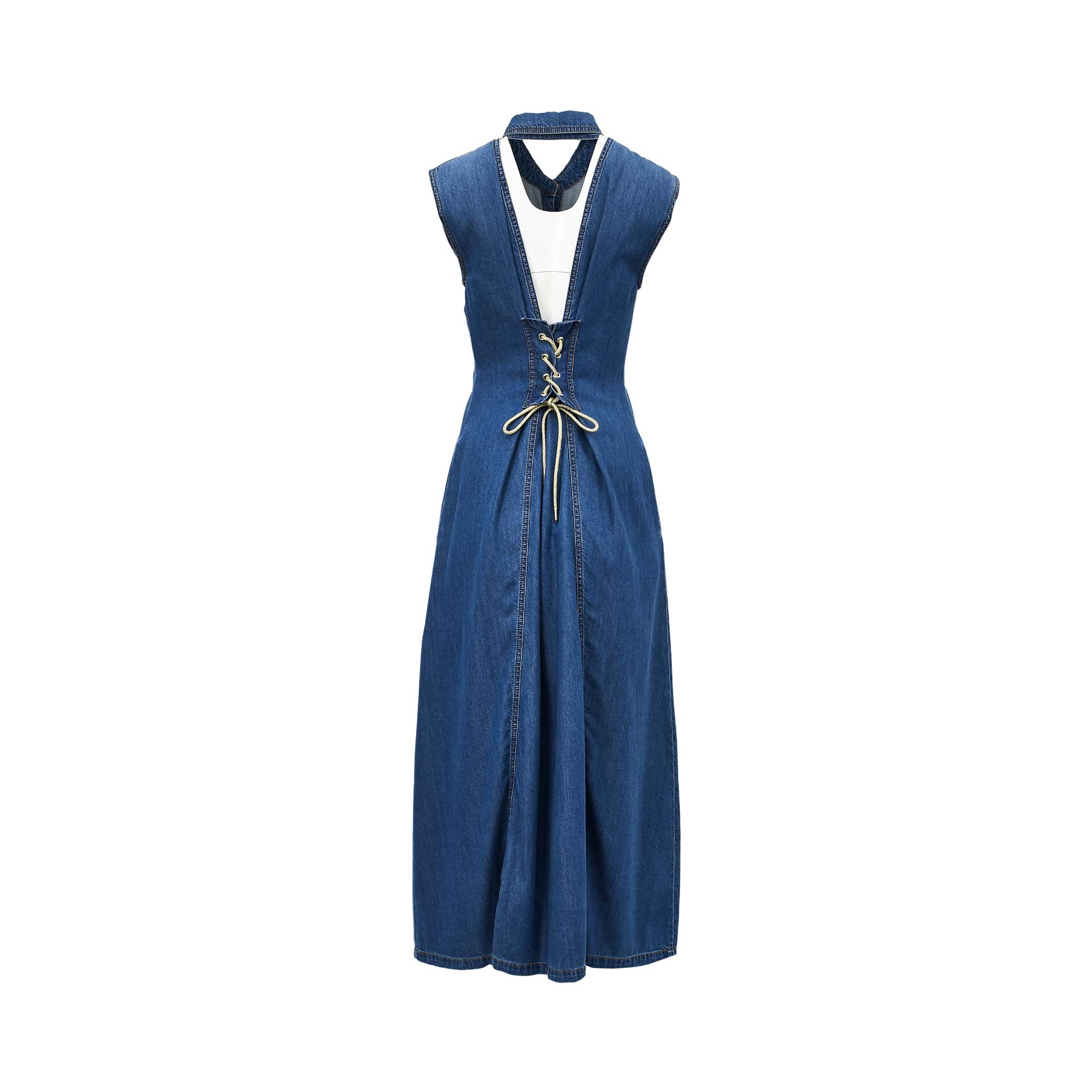 Back view of the Simona Corsellini Women's Sleeveless Denim Maxi Dress with Open Back. Shop Now Online