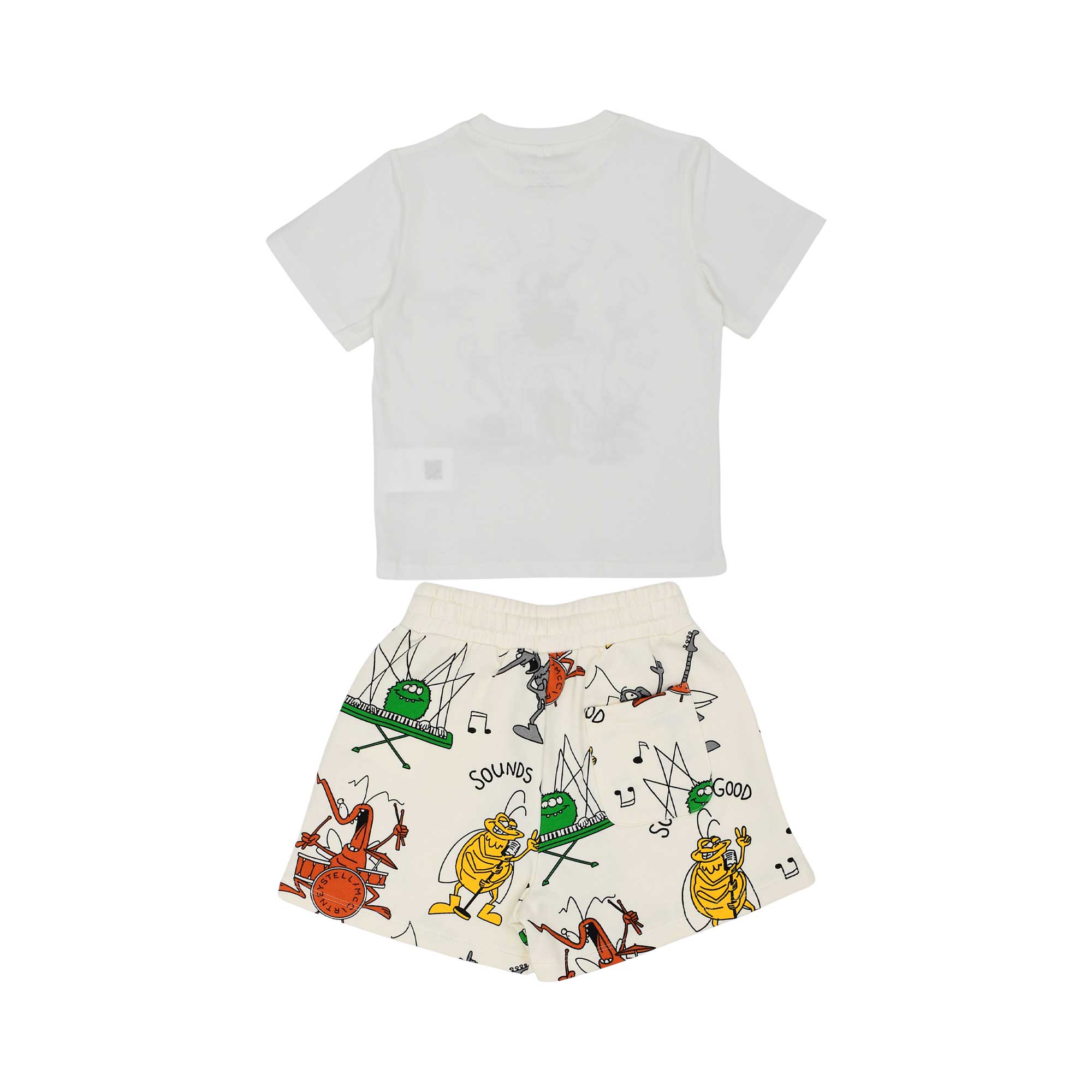 Back view of the Stella McCartney Kids Musical Monsters set, showing the continuation of the playful character print on the jersey shorts.