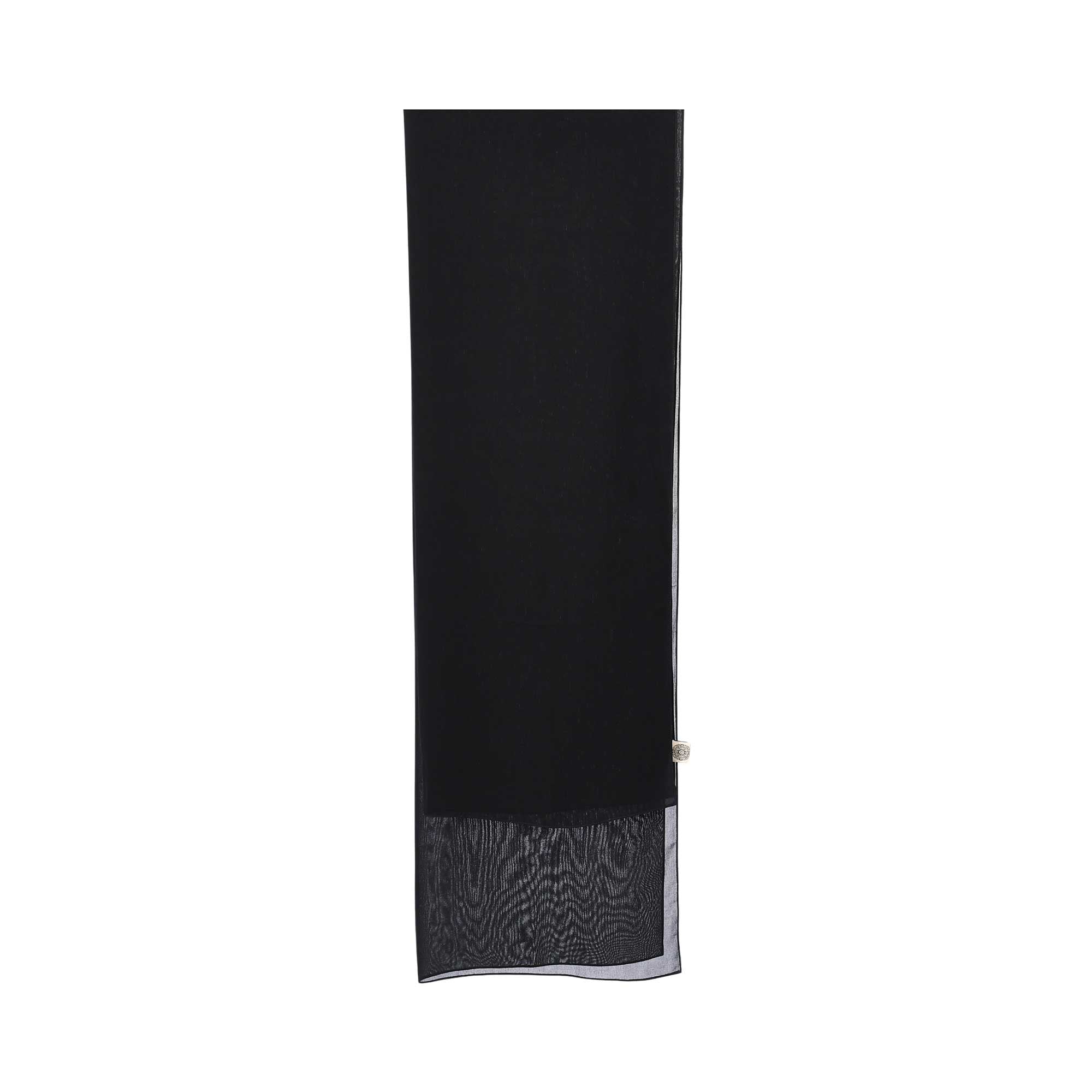 Back view of the scarf for the Nero women's black tailored abaya with front button detailing and matching scarf. Shop Online