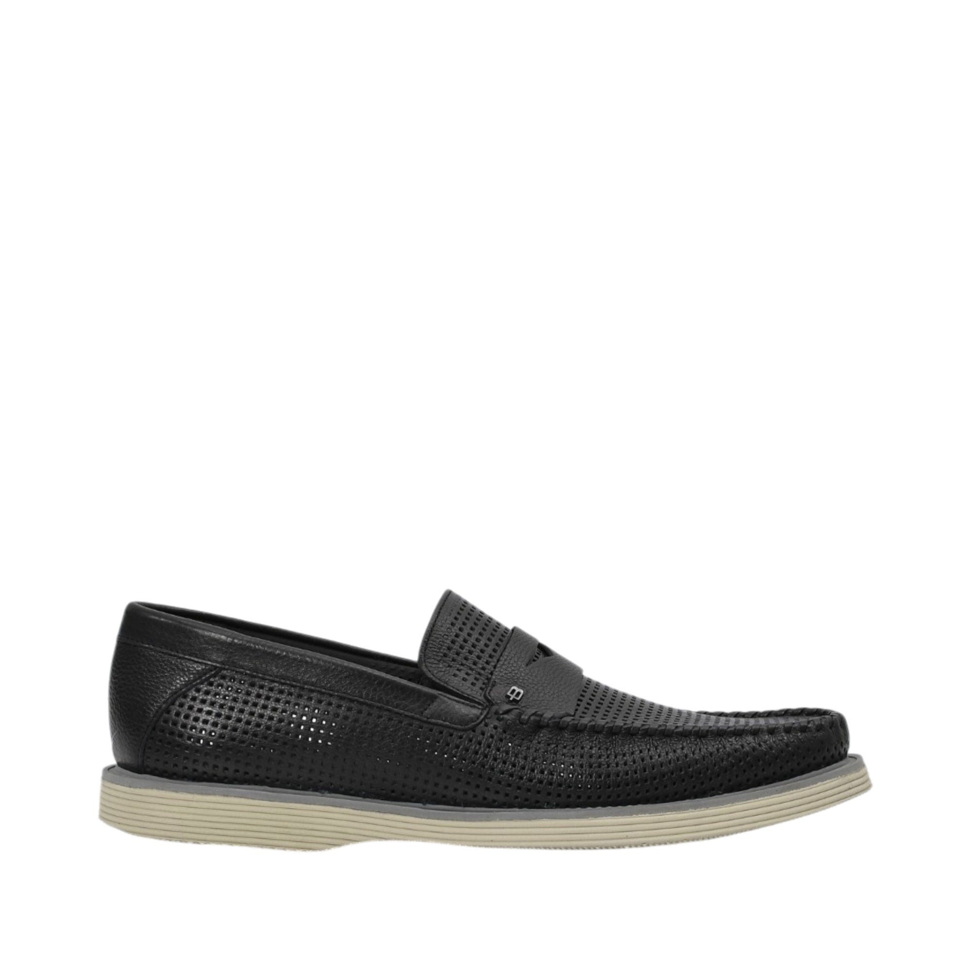 Profile view of a Baldinini black penny loafer highlighting the breathable perforated leather upper, classic moc-toe stitching, and a contrasting light beige rubber sole against a white background.