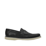 Profile view of a Baldinini black penny loafer highlighting the breathable perforated leather upper, classic moc-toe stitching, and a contrasting light beige rubber sole against a white background.