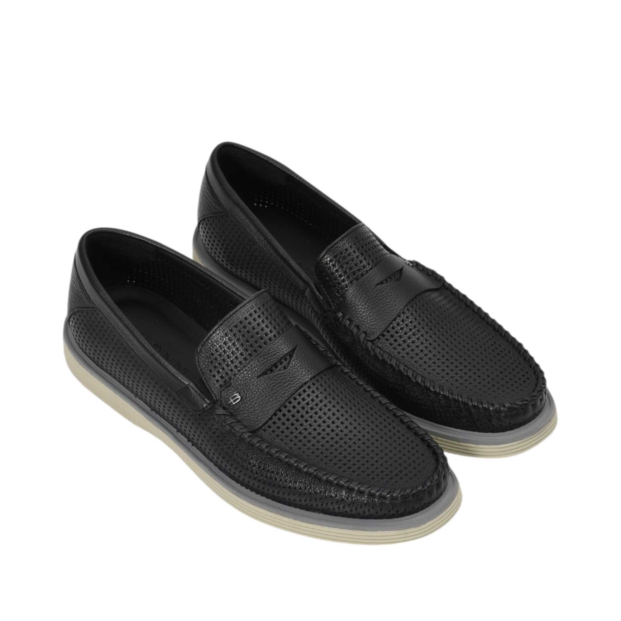 An overhead three-quarter perspective of a pair of Baldinini black perforated loafers, detailing the leather texture and the small metallic B logo on the outer corner of the penny strap against a white background.