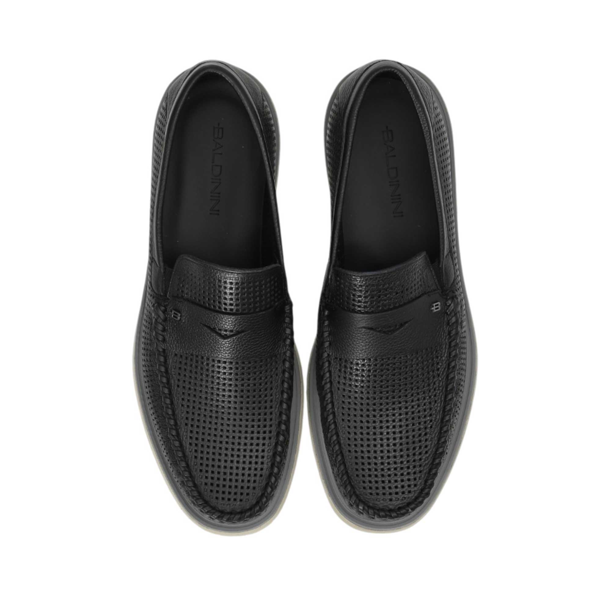Direct top-down view of a pair of Baldinini loafers showcasing the clean black leather insoles printed with the Baldinini logo and the intricate ventilated texture across the entire upper against a white background.