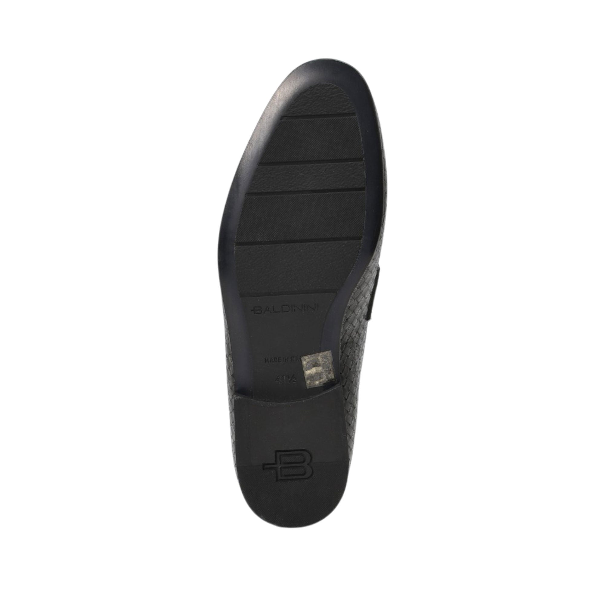 Bottom view of the Baldinini loafer showcasing the smooth black rubber outsole featuring a segmented tread pattern, debossed center sizing markers, and a prominent B logo stamped into the heel pad.