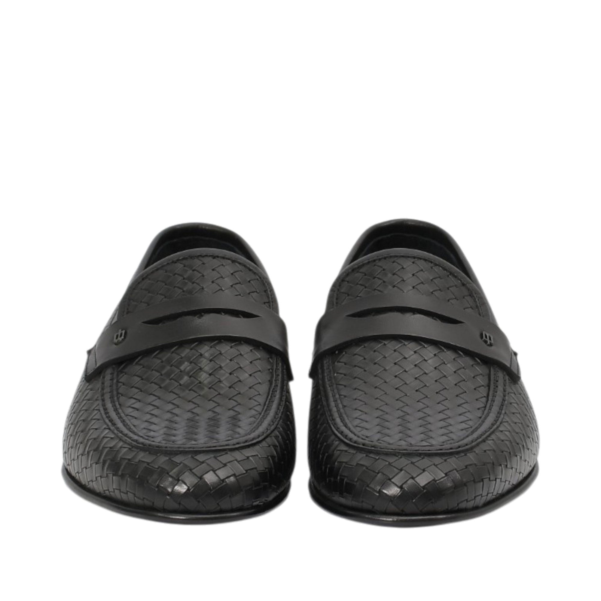 Front-facing view of a pair of Baldinini black loafers showcasing the rich woven leather pattern across the toe boxes and the matching smooth leather crossover saddle straps against a white background.