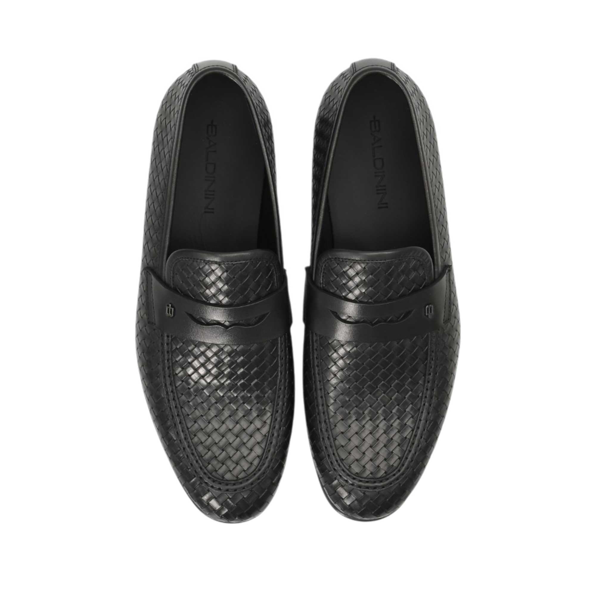 Direct top-down view of a pair of Baldinini loafers showcasing the clean black leather insoles printed with the gold brand name alongside the symmetrical woven leather upper structure against a white background.