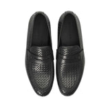 Direct top-down view of a pair of Baldinini loafers showcasing the clean black leather insoles printed with the gold brand name alongside the symmetrical woven leather upper structure against a white background.