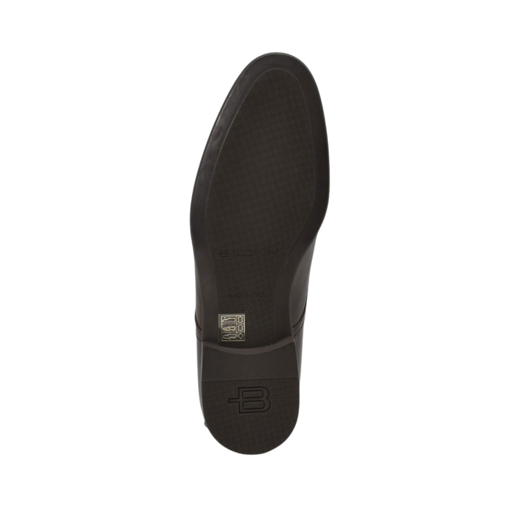 Bottom view of the Baldinini Derby shoe showcasing the dark brown rubber outsole with fine non-slip texturing, "Made in Italy" debossing, and a prominent B logo stamped on the heel pad against a white background.