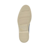 Bottom view of the Baldinini loafer, showcasing the beige rubber outsole detailed with segmented horizontal traction grips, a debossed center logo, and a gold material verification sticker.