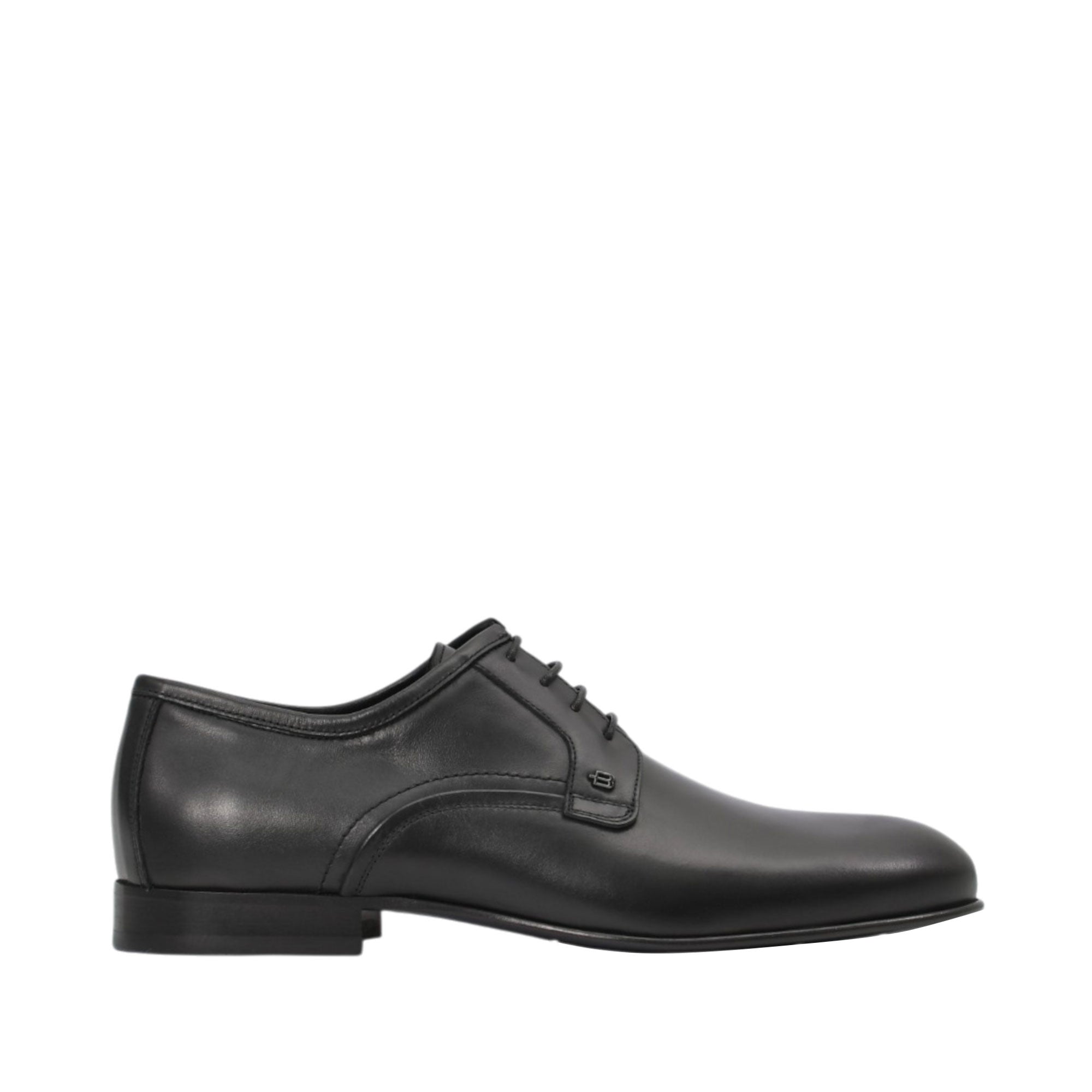 Profile view of a Baldinini black leather Derby dress shoe highlighting its low-top silhouette, elegant curved side stitching, miniature metal side logo, and low block heel against a white background.