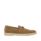 Profile view of a Baldinini tan suede leather loafer showing its classic moc-toe shape, matching accent strap, and low-profile beige rubber comfort sole against a white background.
