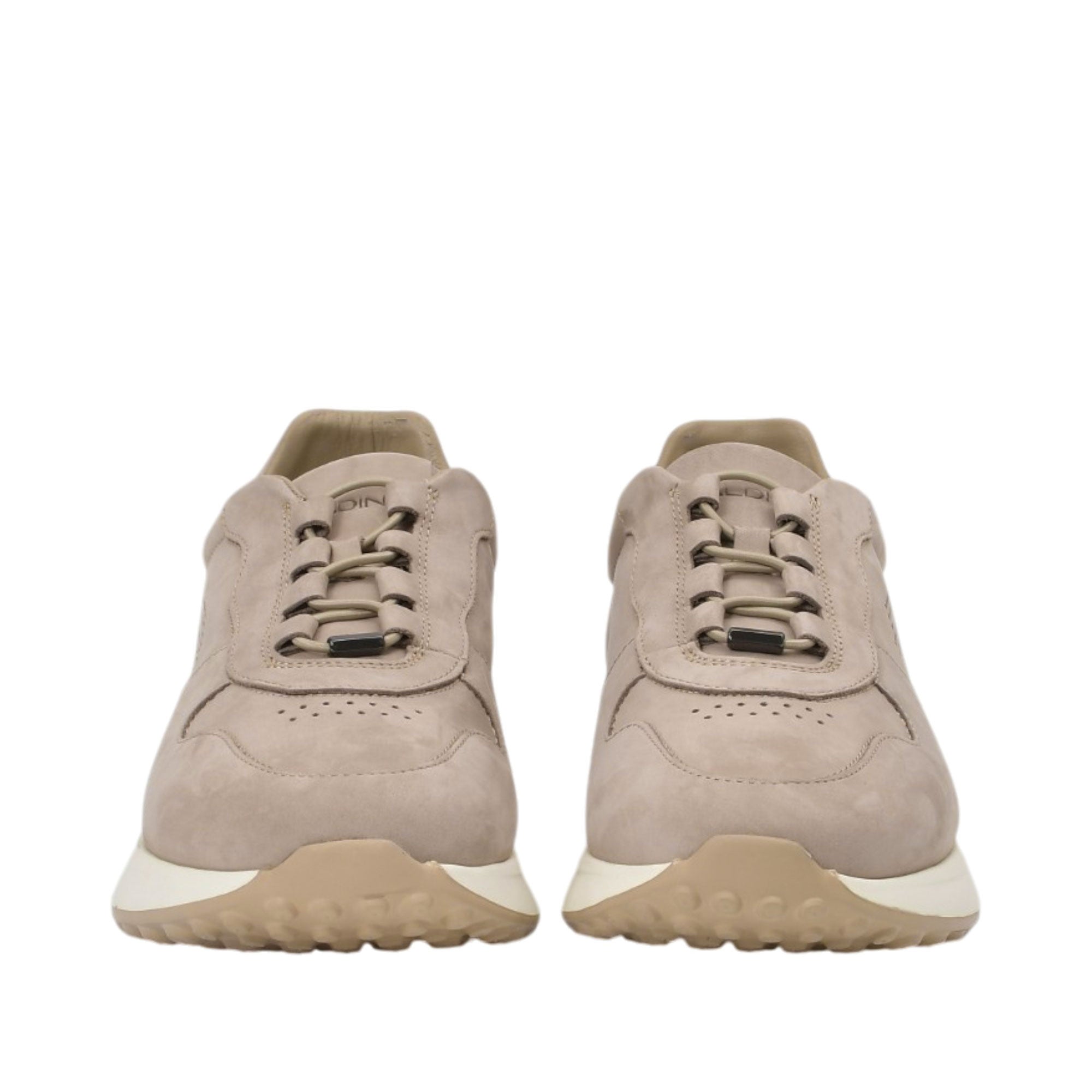 Front-facing view of a pair of Baldinini taupe sneakers highlighting the rounded toe boxes, subtle toe-box perforations, and elastic speed laces with matching metallic hardware against a white background.