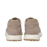 Rear view of a pair of Baldinini taupe leather sneakers showcasing the clean nubuck heel counters with minimalist tonal accent stitching and the flared off-white midsoles against a white background.