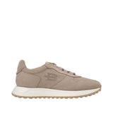 Profile view of a Baldinini taupe nubuck leather sneaker showing the signature perforated 'B' logo, speed-lace toggle setup, and a layered off-white and tan running sole against a white background.
