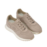 An overhead three-quarter angle view of a pair of Baldinini taupe nubuck sneakers, displaying their premium matte texture and sporty slip-on aesthetic against a white background.