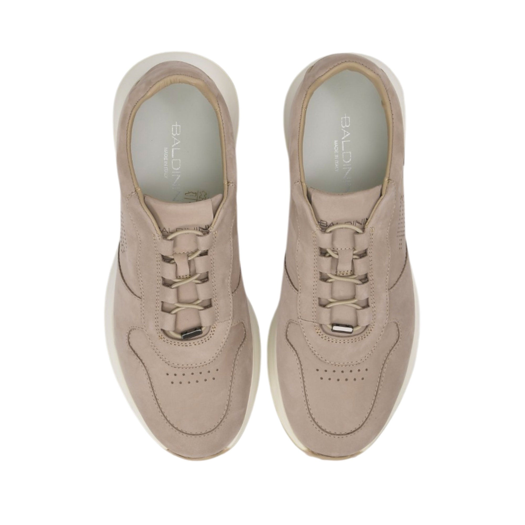 Direct top-down view of a pair of Baldinini sneakers showing the light grey insoles cleanly printed with the Baldinini brand name and "Made in Italy" label against a white background.