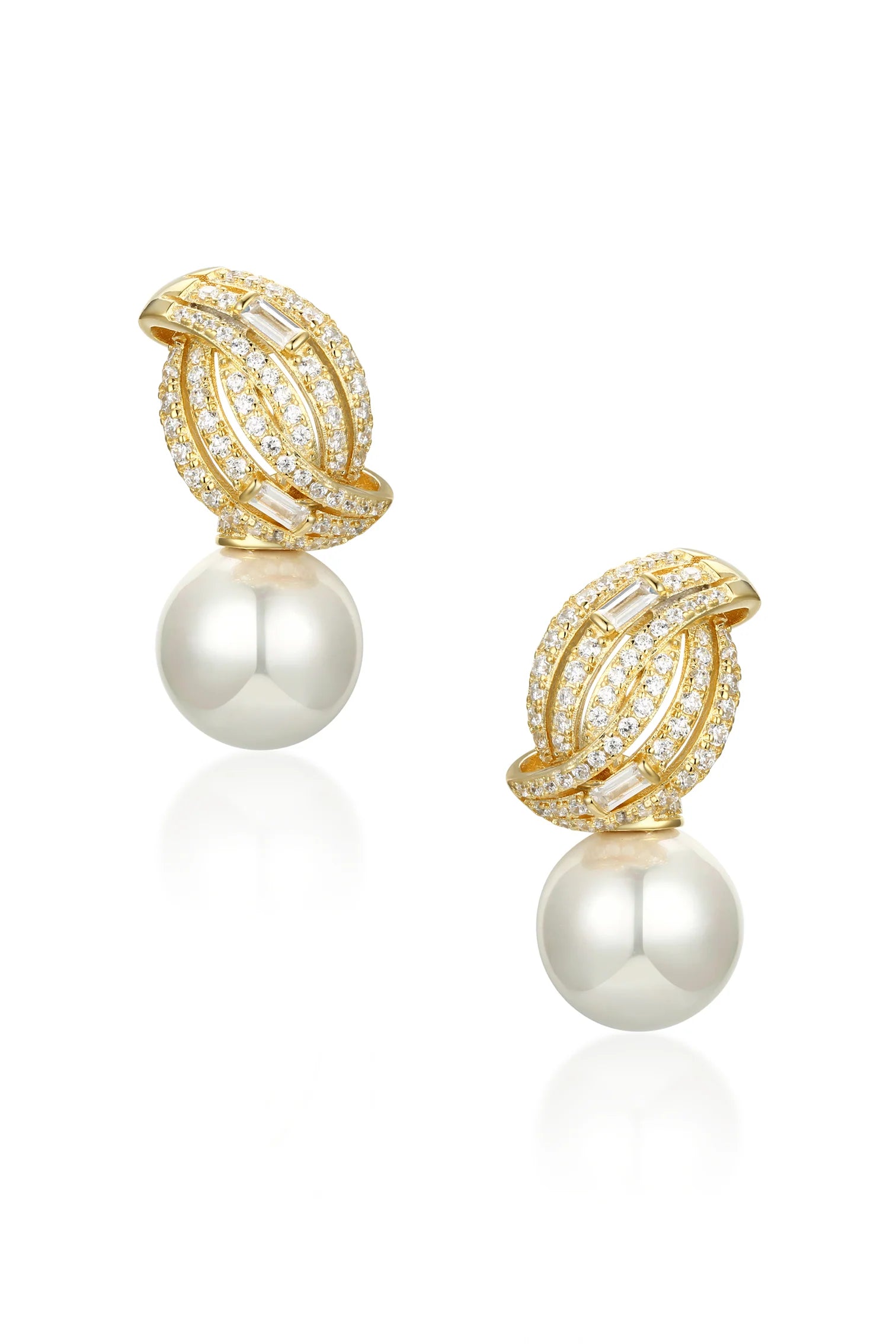 Pair of gold-plated silver drop earrings with an ornate, intertwined stud encrusted with clear stones, suspending a white sph