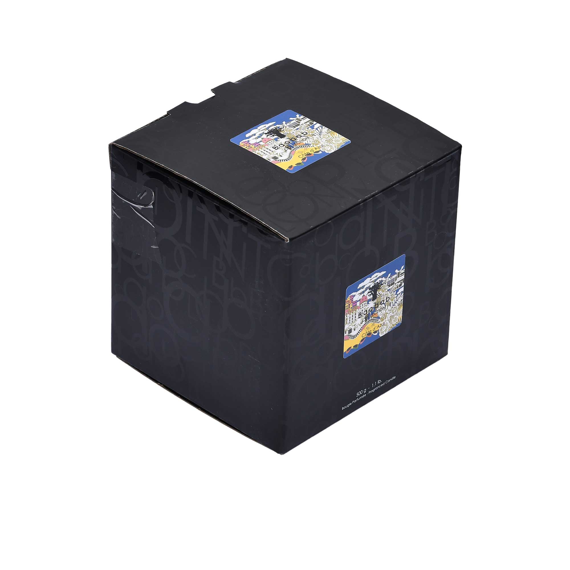 The black luxury gift packaging for the Baobab Collection Côte d'Azur 500g scented candle.
