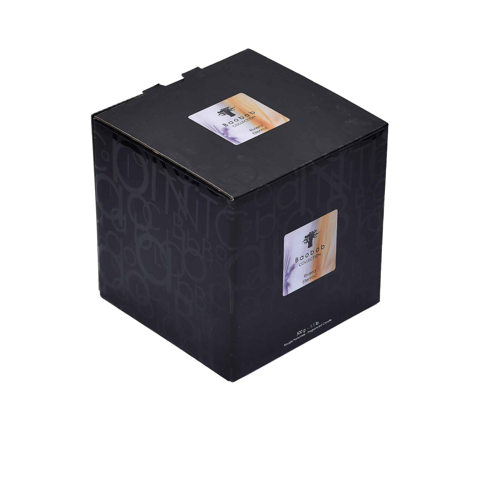 The luxury black packaging for the Baobab Collection Riviera Eilenroc 500g scented candle.