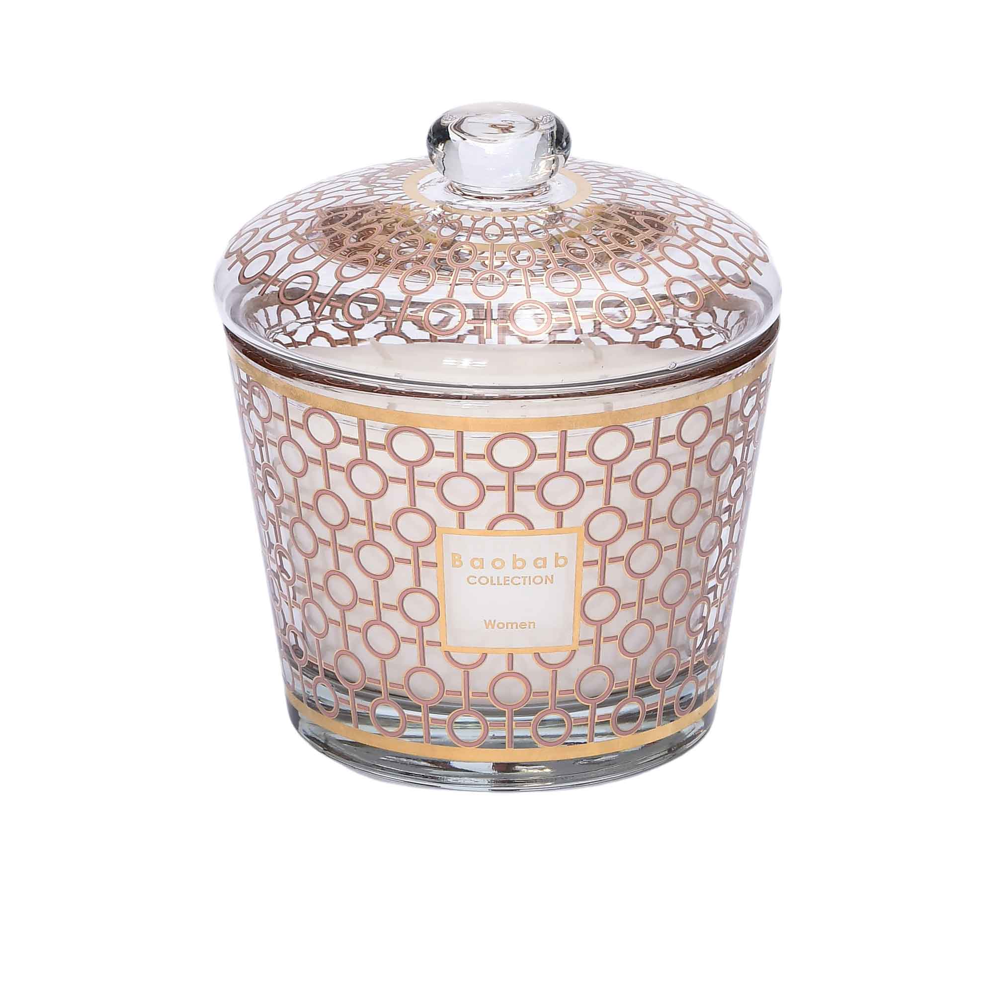 Front view of the Baobab Collection Women scented candle with its matching silk-screened glass dome in place.