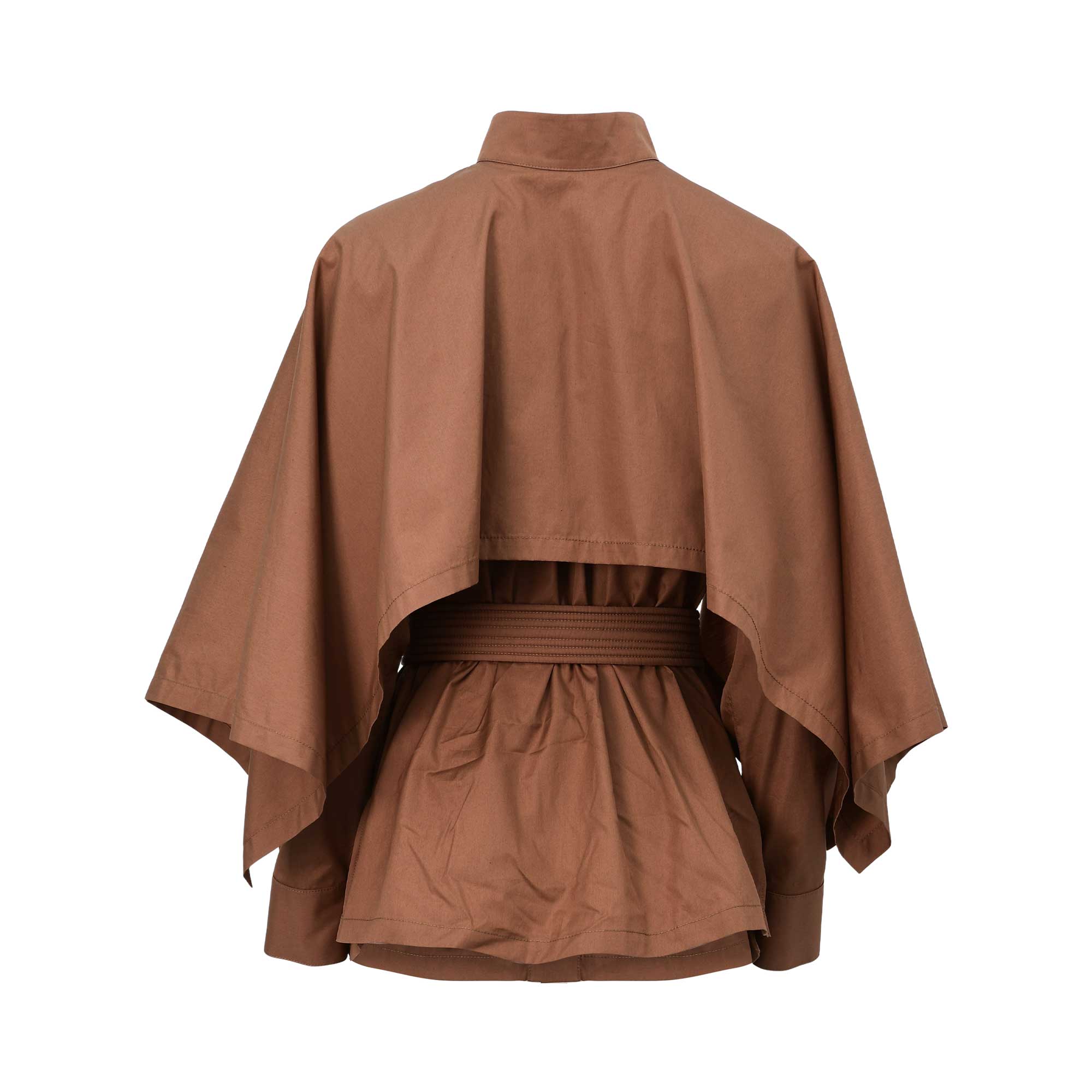 Back view of the BAQA cape-detail shirt showing the structured drape of the overlay and the cinched belted waist.