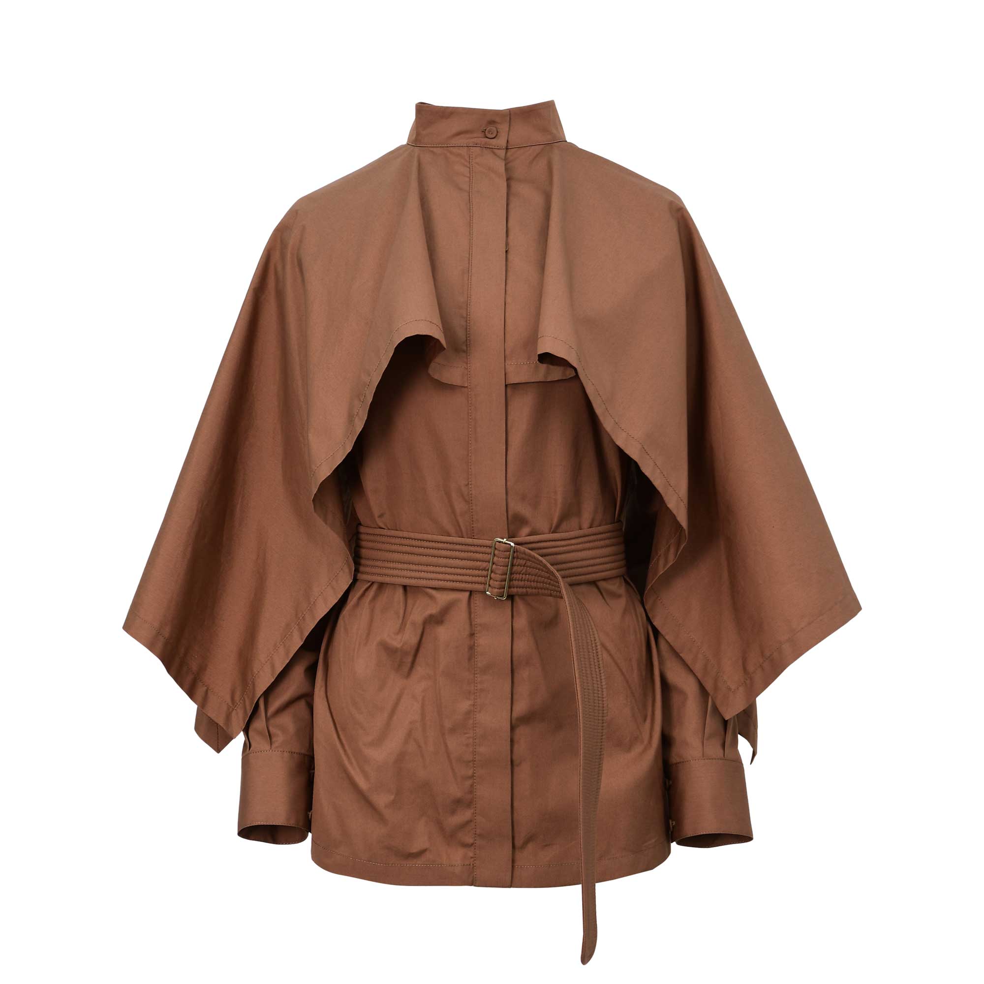Front view of a BAQA tobacco-colored shirt featuring a dramatic cape overlay and a wide stitched waist belt.