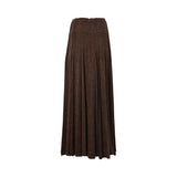 Back view of BAQA pleated maxi skirt showing the concealed zipper closure and intricate brown and green abstract pattern.