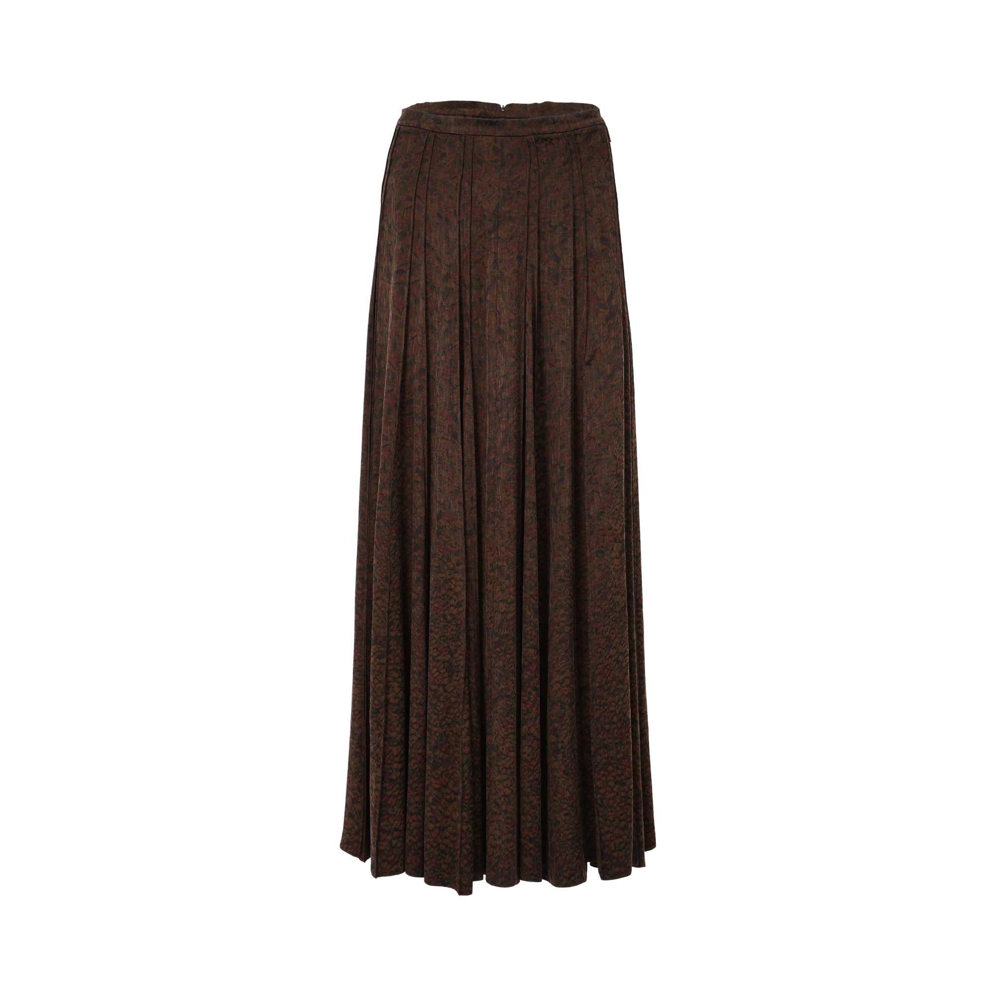 Front view of a BAQA brand earth-toned jacquard maxi skirt with structured pleats on a white background.