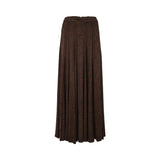 Front view of a BAQA brand earth-toned jacquard maxi skirt with structured pleats on a white background.