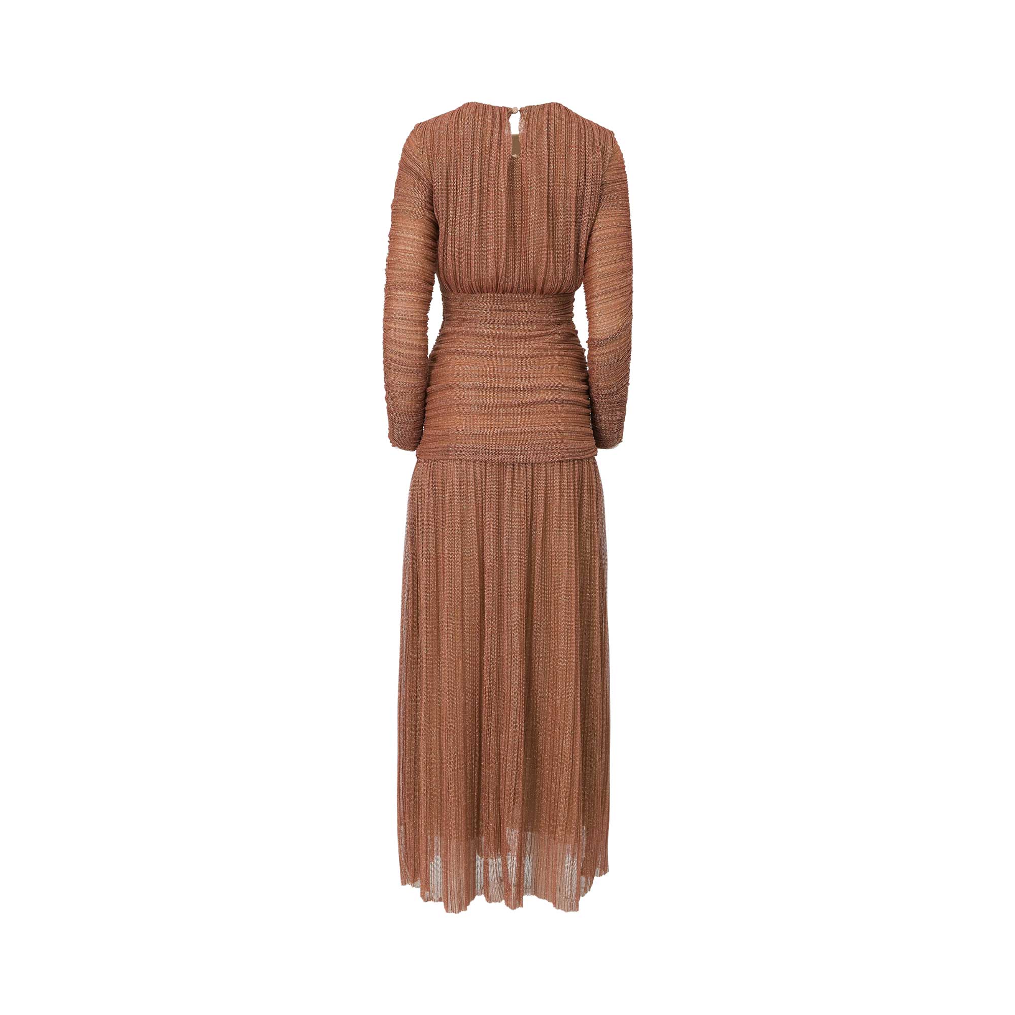Back view of a long-sleeved metallic bronze maxi dress showing the pleated texture, a form-fitting ruched midsection, and a delicate top button keyhole closure at the neck.