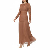 Brown pleated dress worn by a model on a white background.