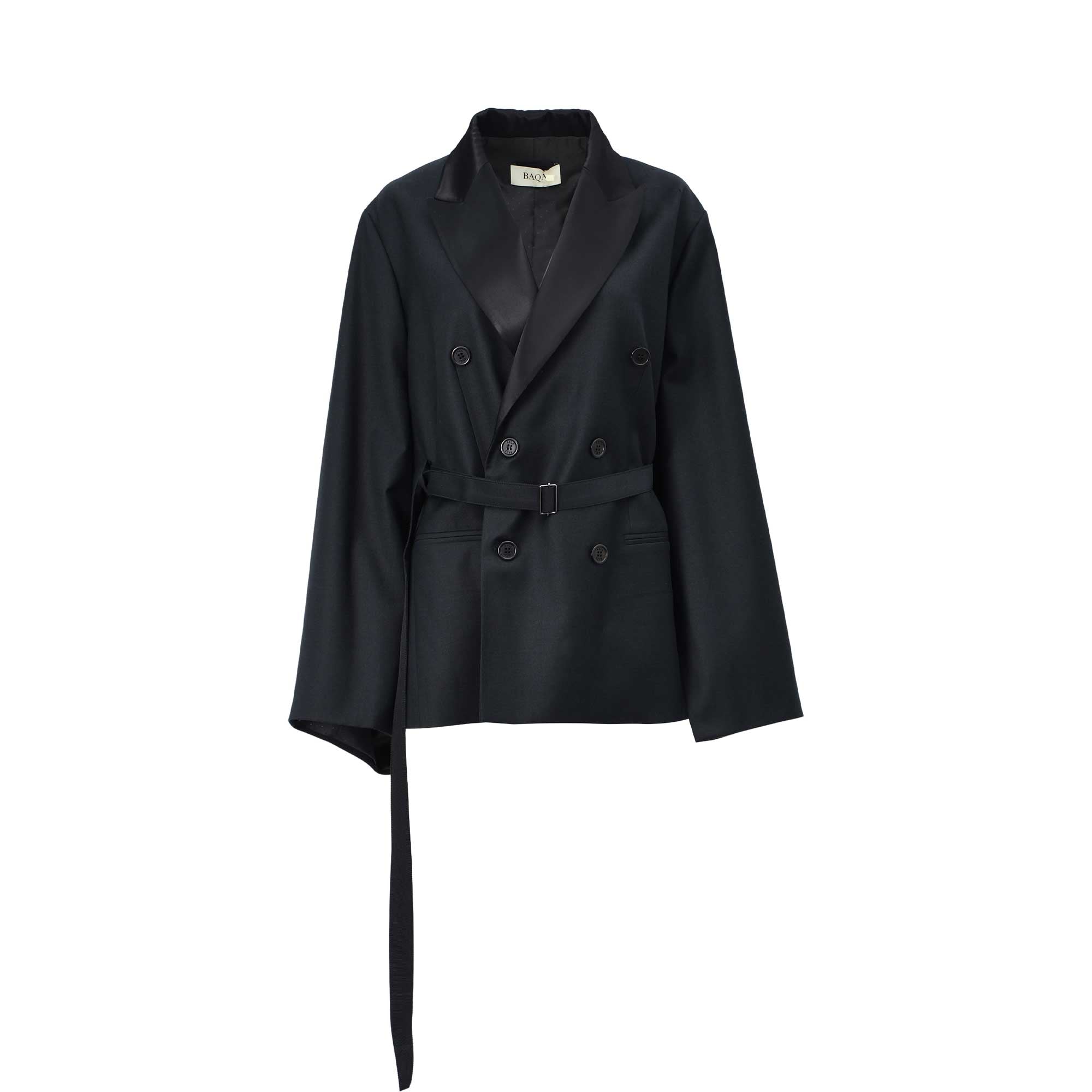 Front view of a BAQA black double-breasted blazer featuring satin lapels and a long belted waist.