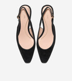 Pair of black suede slingback pumps with pointed toes, light pink insoles, and gold-toned buckles.