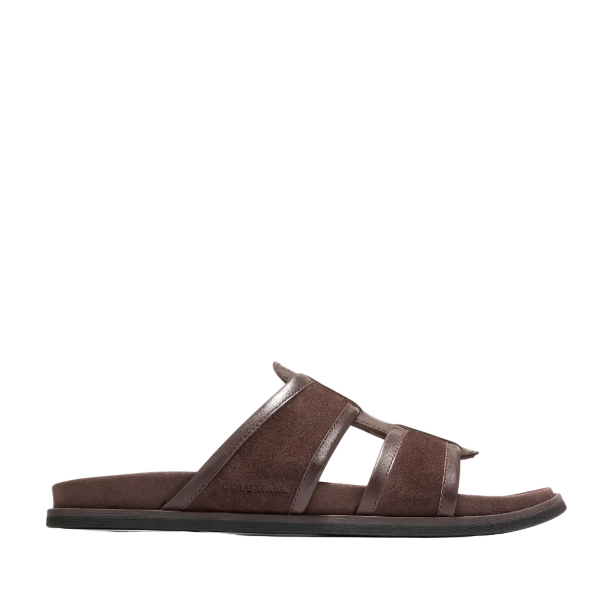 Dark brown Cole Haan men's slide sandals with a suede double-band upper and a flat sole.