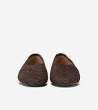 Pair of dark brown suede ballet flats with a chevron quilted pattern.