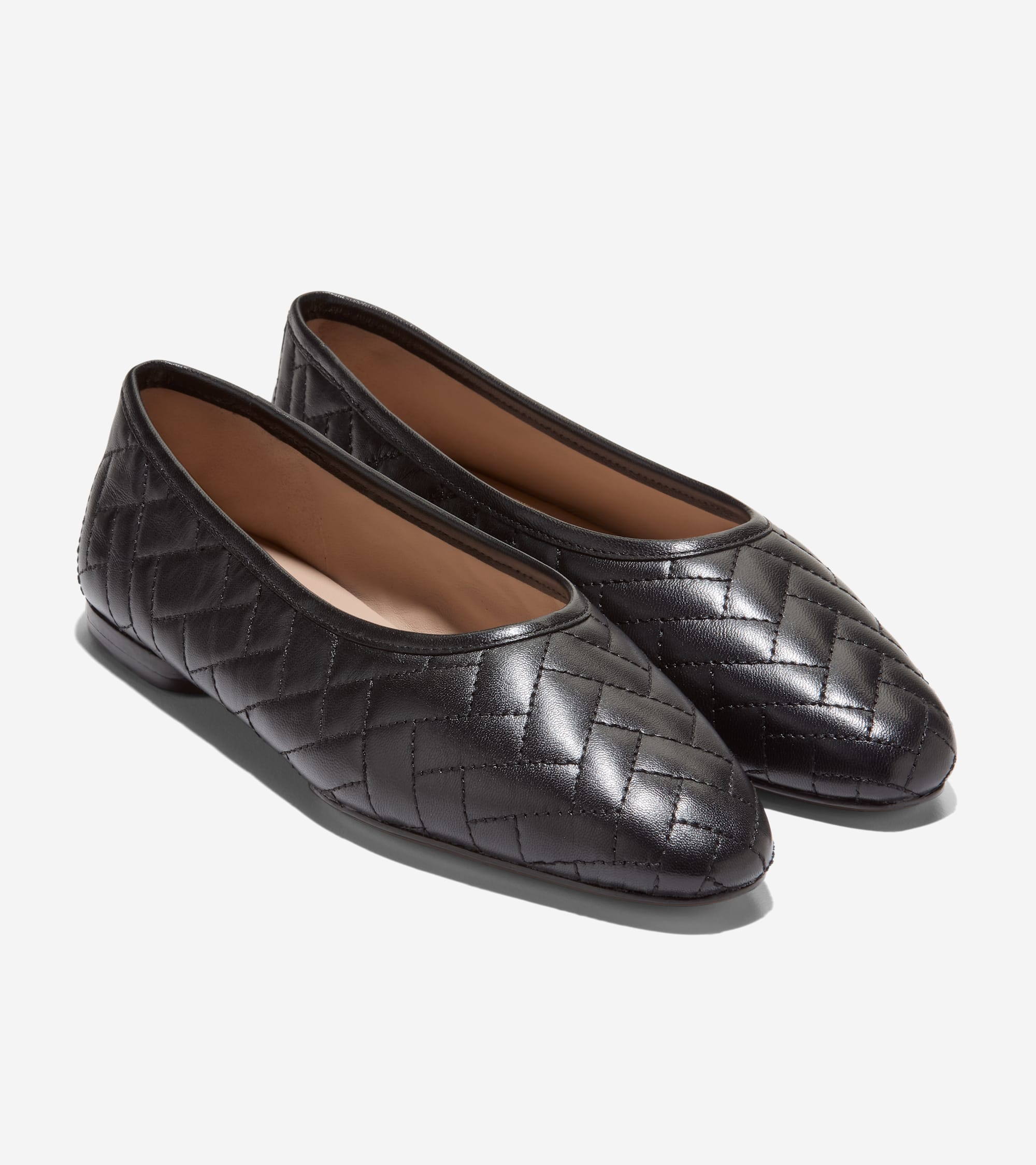 Pair of black quilted ballet flats with a round toe and light brown interior lining.