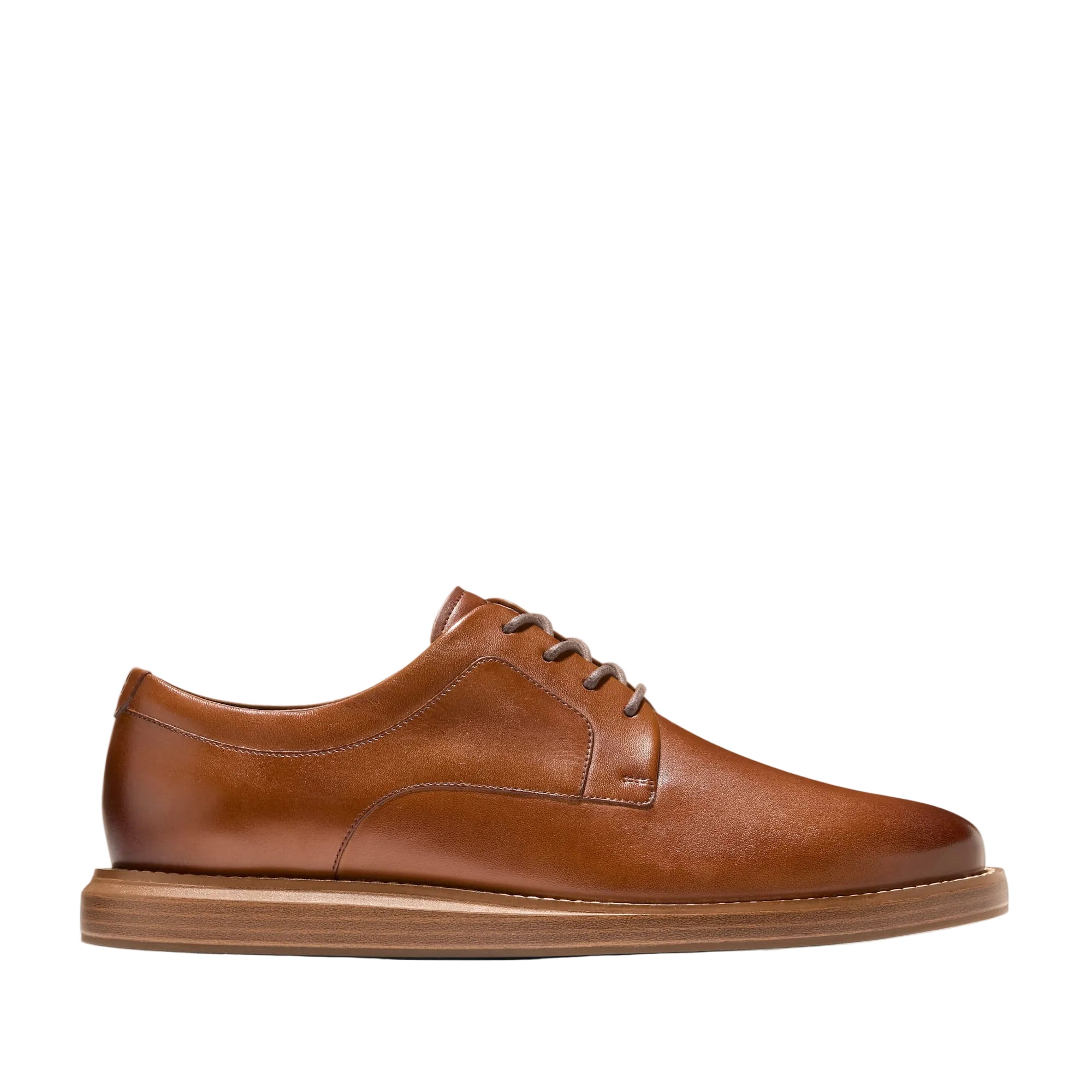 Men's plain toe oxford shoe in a rich tan leather, with a stacked brown sole and matching laces.