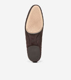 Dark brown quilted ballet flat, bottom view. Light tan textured forefoot sole, dark brown ribbed heel sole with embossed CH l