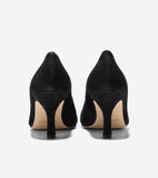 Black suede pumps, back view, with pointed heel counters and slim, medium-height stiletto heels. Light tan soles.