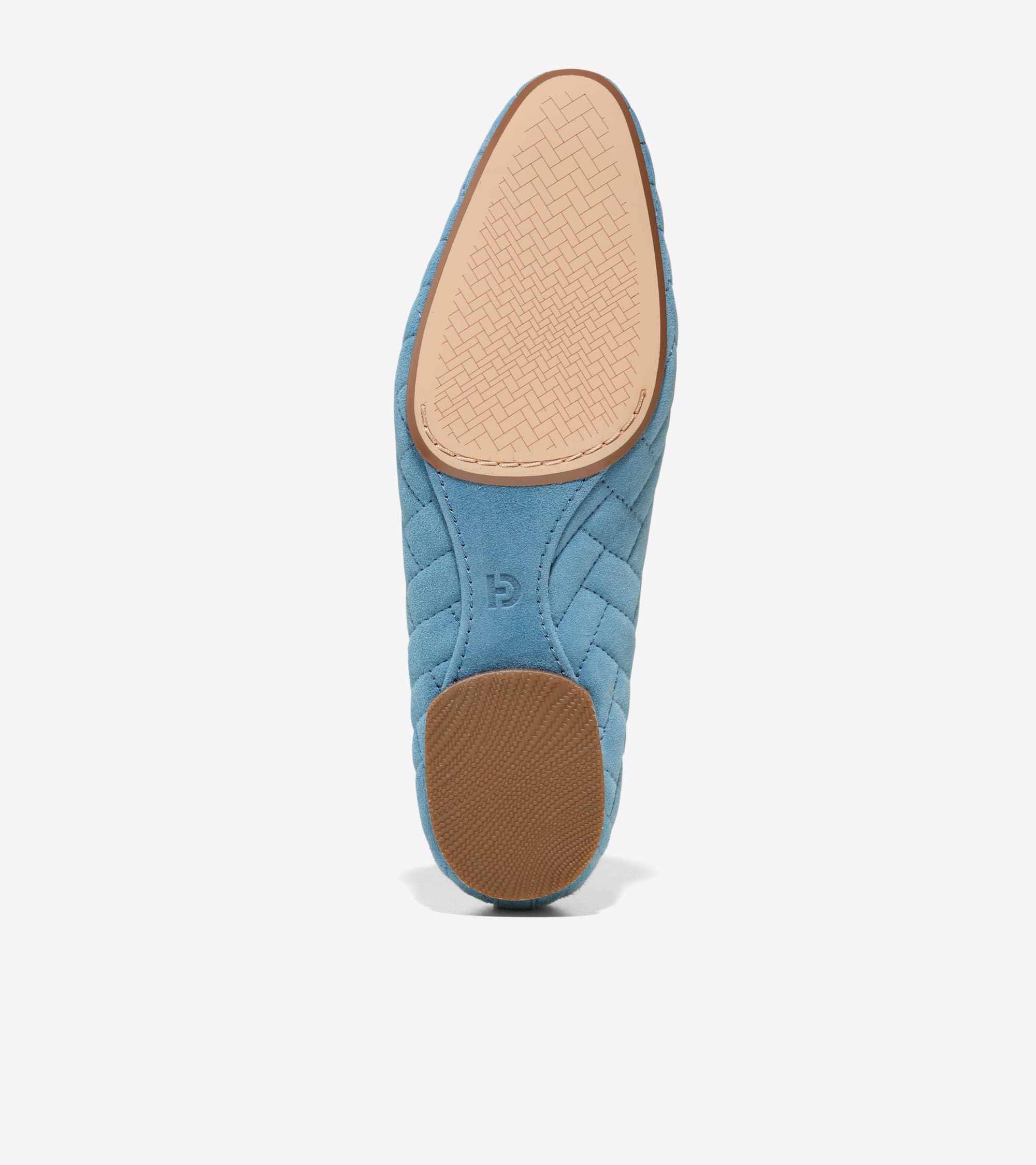 Bottom view of a single light blue quilted suede ballet flat. It has a brown sole with textured patterns and a small debossed