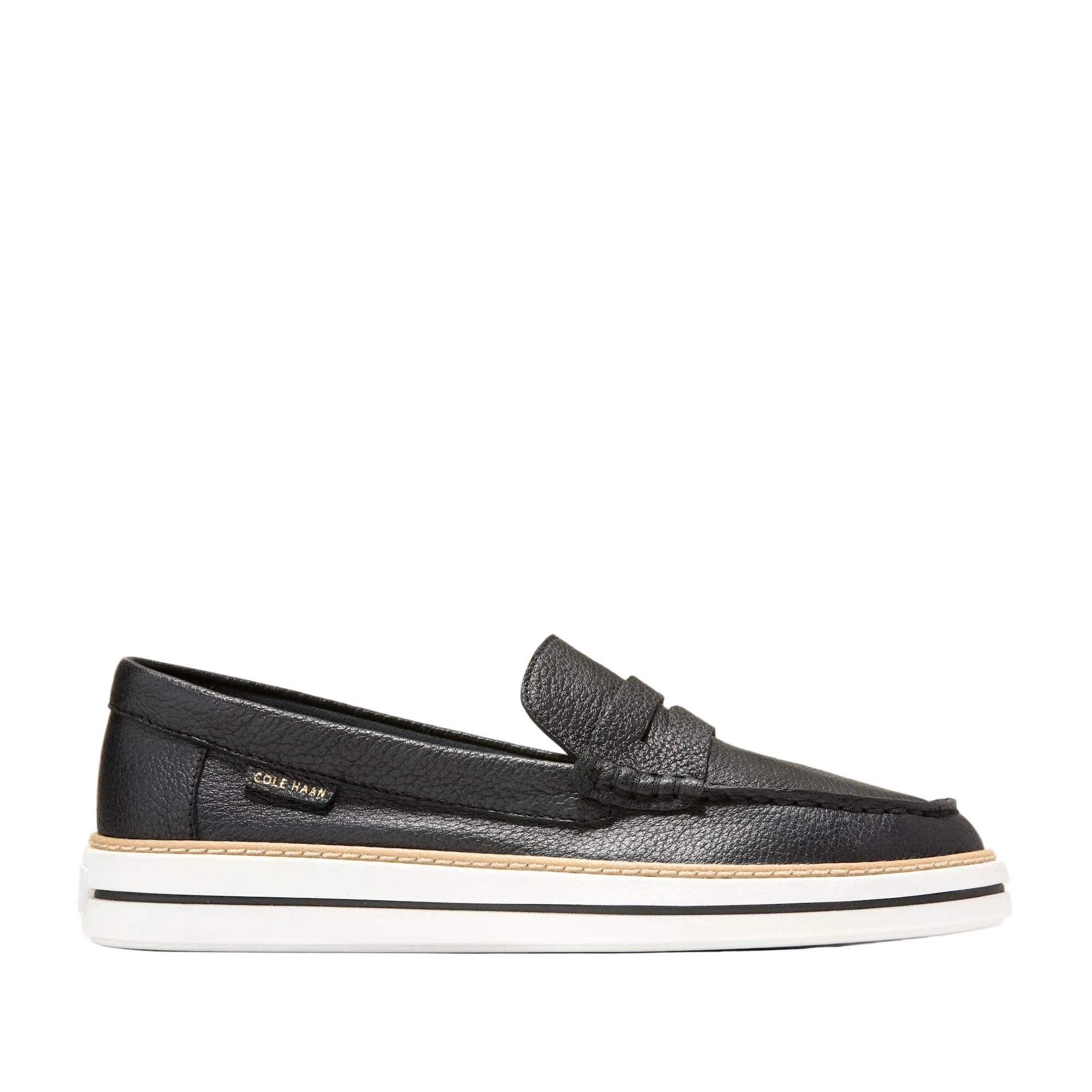 Black pebbled leather women's penny loafers with a white and beige platform sole and moc-toe stitching.