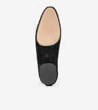 Black quilted ballet flat, bottom view. Light beige textured forefoot sole, dark gray textured heel sole. Black 'CH' logo on