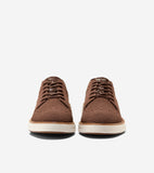 Pair of brown knit oxfords with brown laces, a brown tongue, and a cream midsole with a brown outsole.