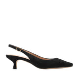Black suede slingback pump with a pointed toe, kitten heel, and a gold-toned adjustable buckle on the strap.