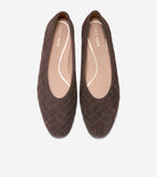 Dark brown suede-like quilted ballet flats with a herringbone pattern. Light tan insoles have gold-toned wavy lines.